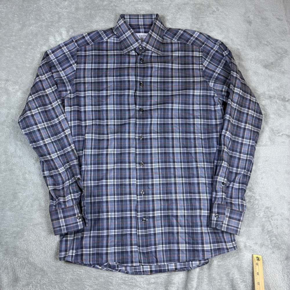 Eton Shirts Mens M 40 Contemporary Plaid Button Up Blue Grey Luxury Cotton